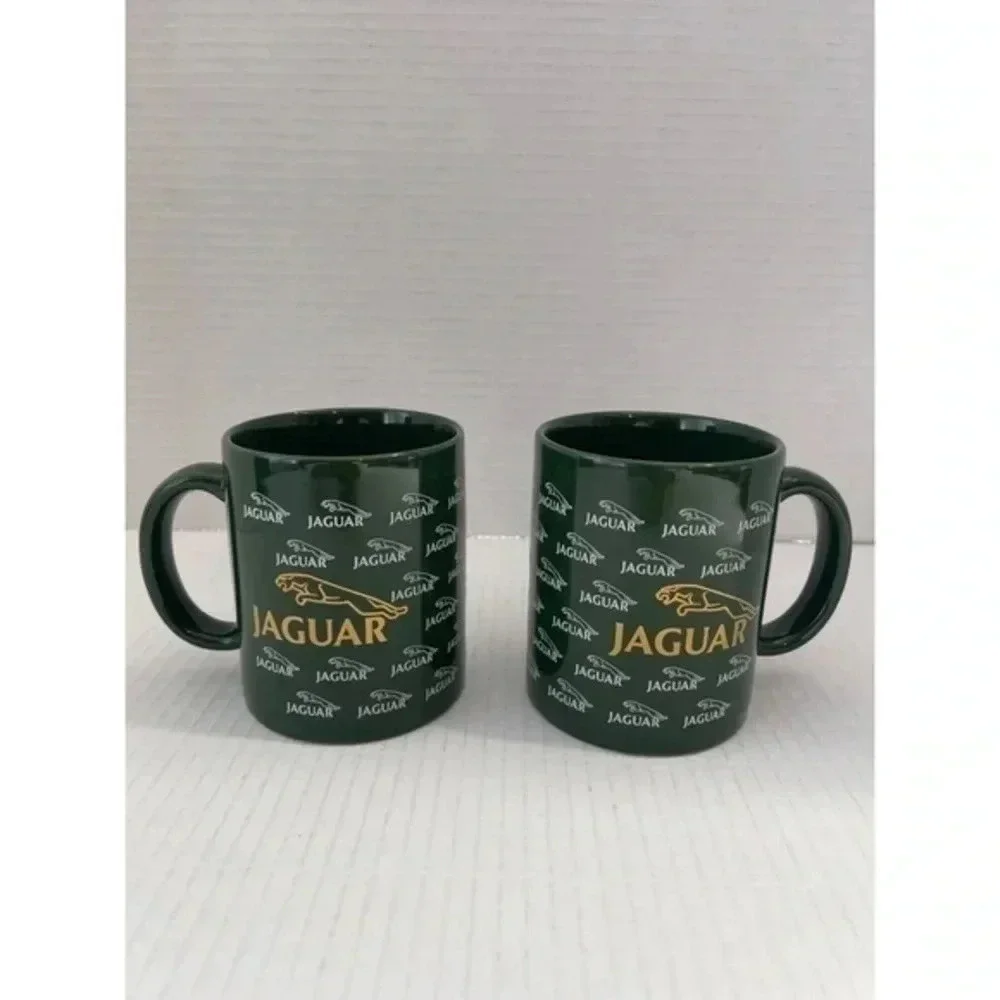 Set of 2 Jaguar Automotive Logo Coffee‎ Mugs Green/Gold Made in the USA